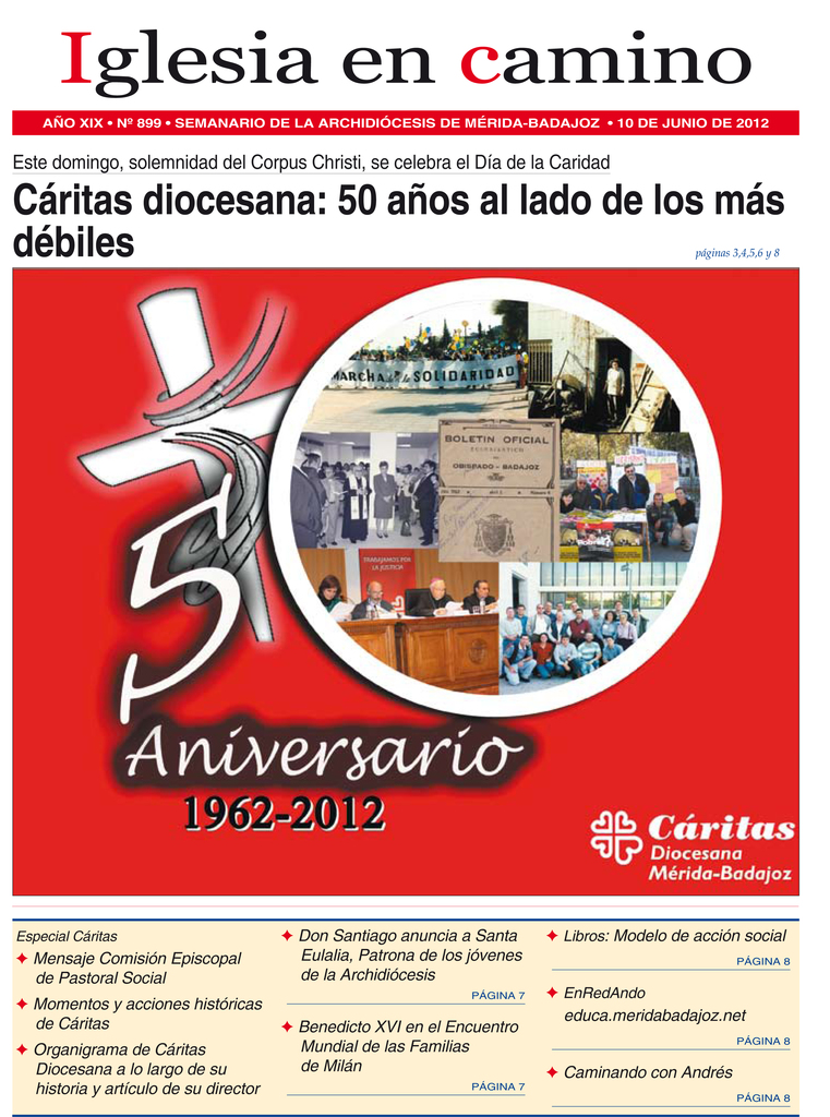 Portada de la revista ''Iglesia en Camino. Año XIX. Nº 899. Semanario de la Archidiócesis de Mérida-Badajoz . 10 de junio de 2012.