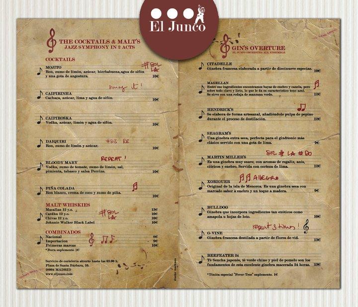 Carta de cocktails y bebidas, El Junco Jazz Club (Madrid)