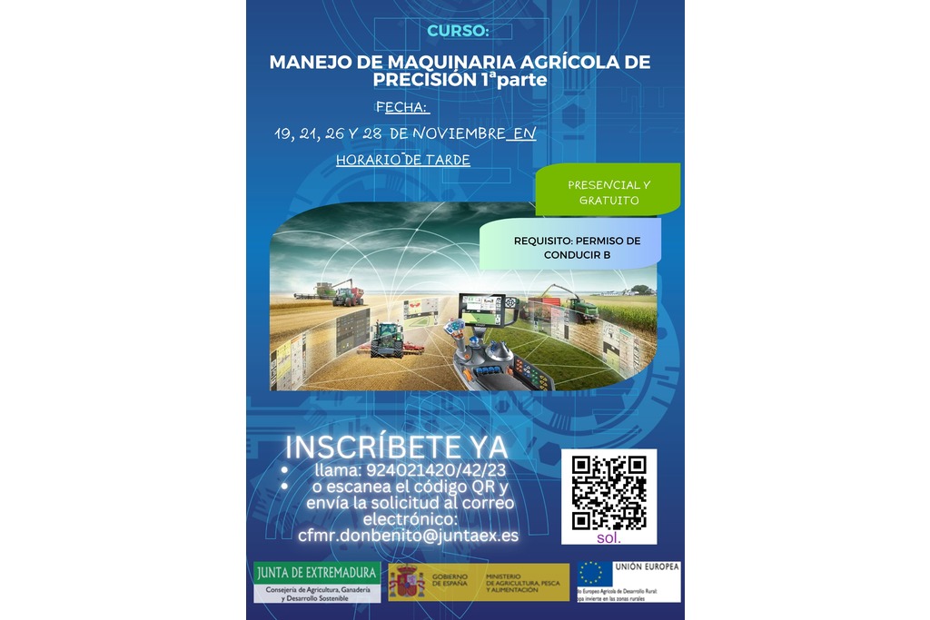 El Centro de Formación del Medio Rural de Don Benito oferta un curso de Manejo de maquinaria agrícola de precisión que comienza el 19 de noviembre