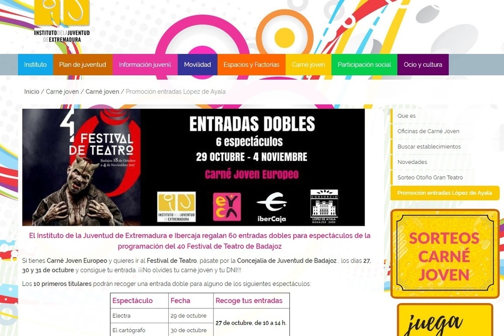 Titulares del Carné Joven Europeo pueden conseguir desde hoy entradas gratuitas para el 40 Festival de Teatro de Badajoz